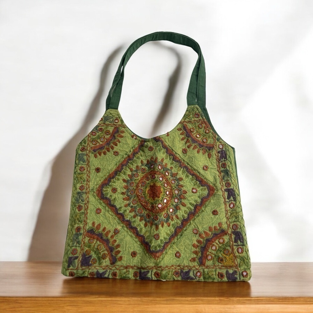 Green, Rust, Purple Embroidered Handbag Purse with Mirror pieces. Made in India